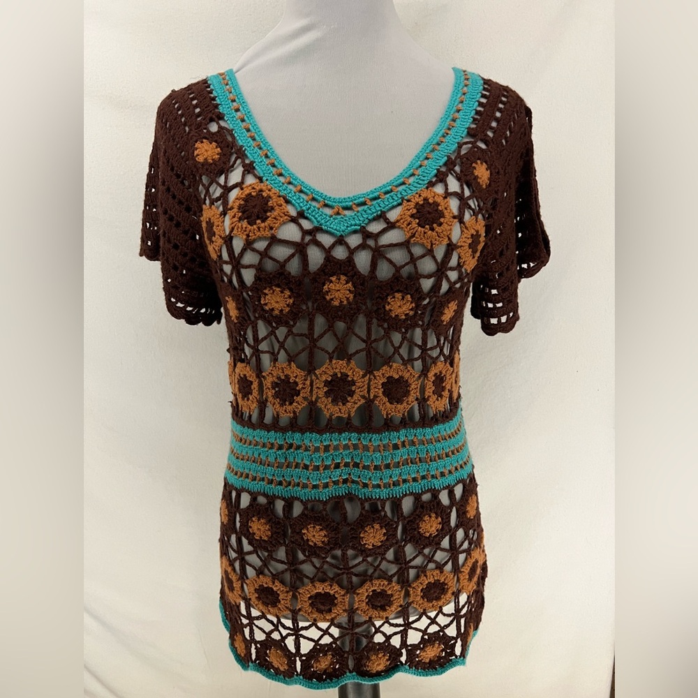 Y2K NWT Ivy Jane Brown & Blue Crochet Short Sleeve Top Size XS Boho Cottagecore